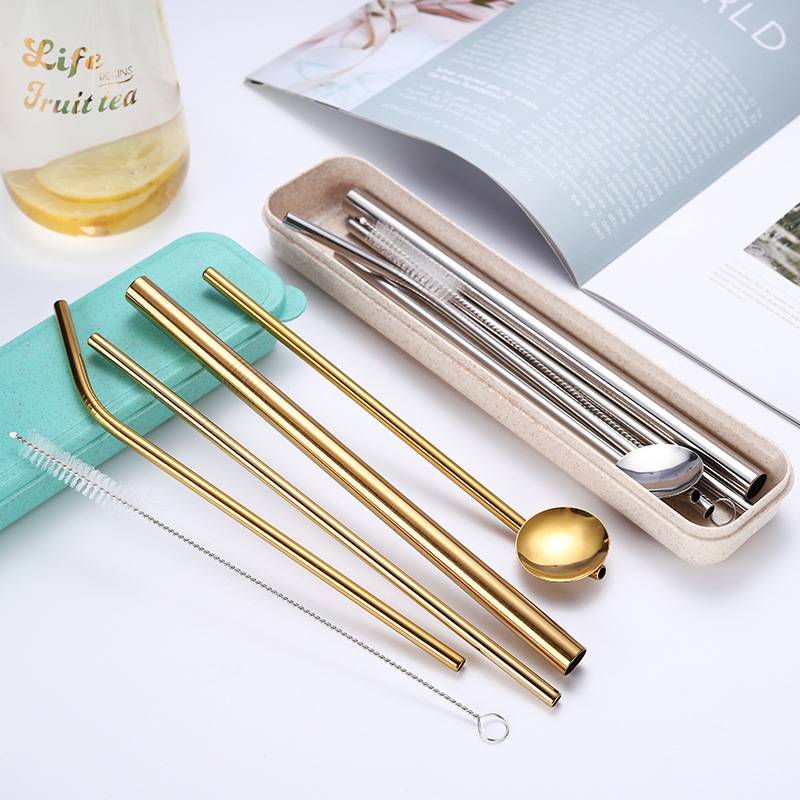 Drinking Case Milk Tea Stirrer Straw Kits Bag Pouch Beveled Kit Tumblers Metal Straws With Brush Cleaners